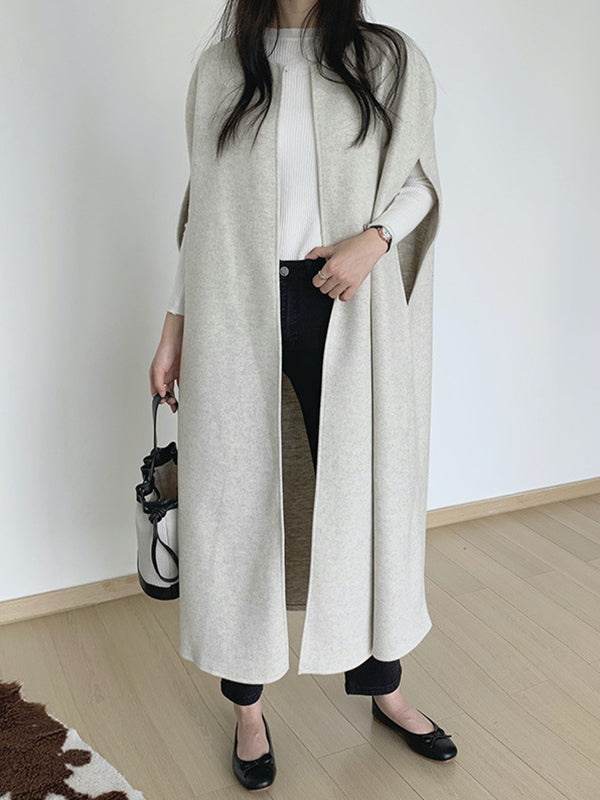 Solid Color Loose Sleeveless Round-Neck Outerwear Cape