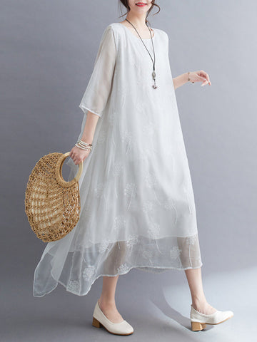 Gauze Split-Joint Loose Three-Quarter Sleeves Round-Neck Midi Dresses