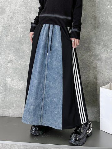 Contrast Color Drawstring Split-Joint Striped A-Line Loose Skirts Bottoms