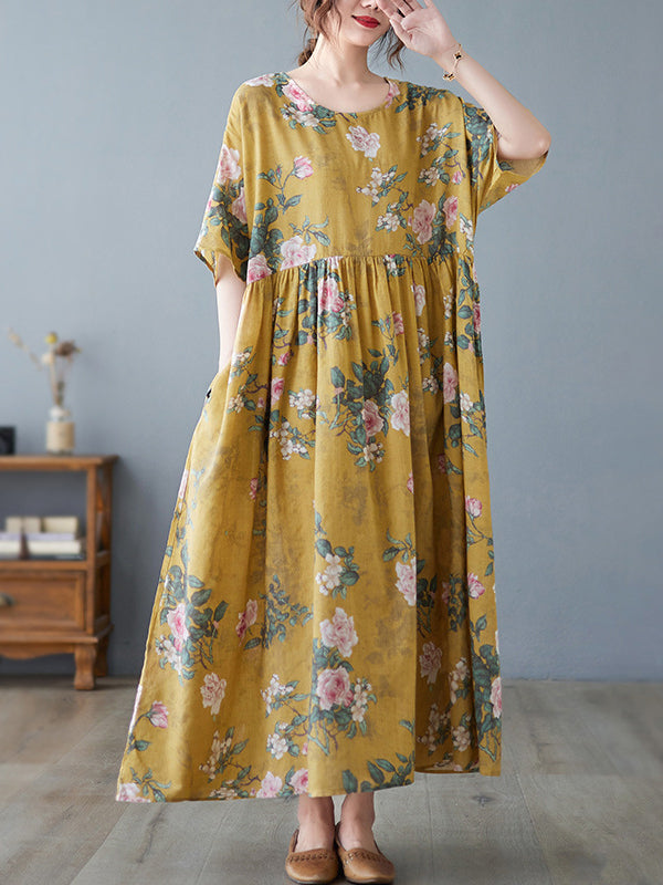 Artistic Retro Loose Original Floral Printed Pleated Midi Dress