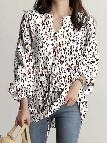 Drawstring Elasticity Leopard Tied Long Sleeves Loose V-neck Blouses&shirts Tops