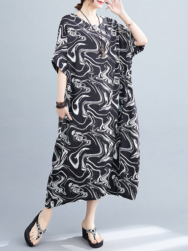 Printed Loose Short Sleeves Round-Neck Midi Dresses