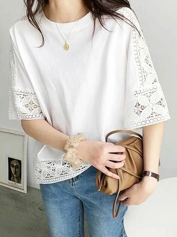 Hollow Solid Color Split-Joint Half Sleeves Loose Round-Neck T-Shirts