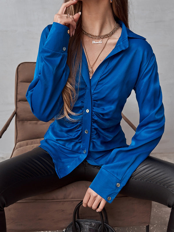 Pleated Solid Color Long Sleeves Lapel Blouses&shirts Tops