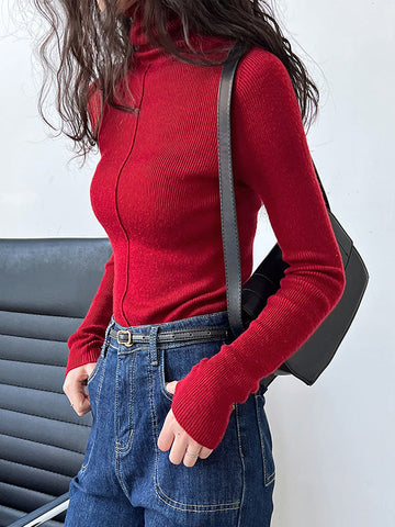 Solid Color Long Sleeves Skinny High Neck Sweater Tops Pullovers