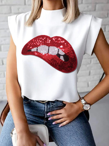 Cap Sleeve Loose Lip Applique Embroidered Figure High-Neck T-Shirts Tops