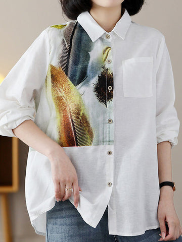 Contrast Color Feathers Printed Long Sleeves Loose Lapel Blouses