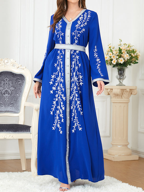 Belted Embroidered Split-Joint A-Line Long Sleeves V-Neck Maxi Dresses