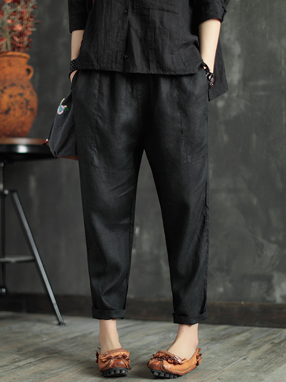 Loose Elastic Waist Ramie Cotton Pants