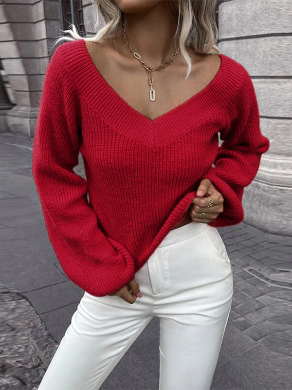 Casual Long Sleeves Loose Solid Color V-Neck Sweater Tops