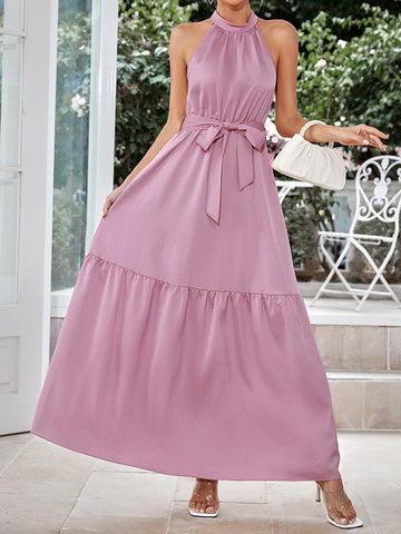 Pleated Ribbed Solid Color Sleeveless Halter-Neck Maxi Dresses