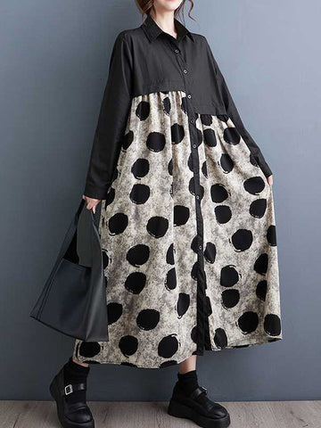 Asymmetric Buttoned Polka-Dot Split-Joint A-Line Long Sleeves Lapel Shirt Dress Midi Dresses