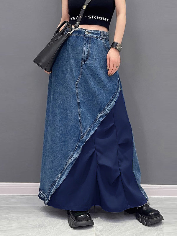 Asymmetric Contrast Color Elasticity Split-Joint A-Line Loose Denim Skirts Bottoms