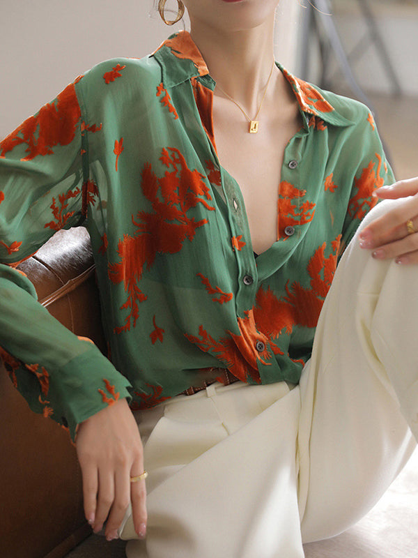 Printed See-Through Long Sleeves Lapel Blouses&shirts Tops