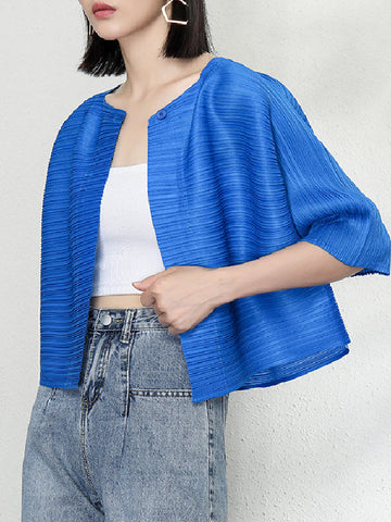 Casual Loose Half Sleeves Pleated Solid Color Outerwear