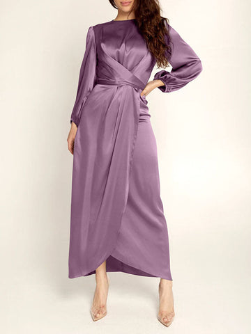 High-Waisted Solid Color Tied Waist Zipper Wrap Round-neck Maxi Dresses