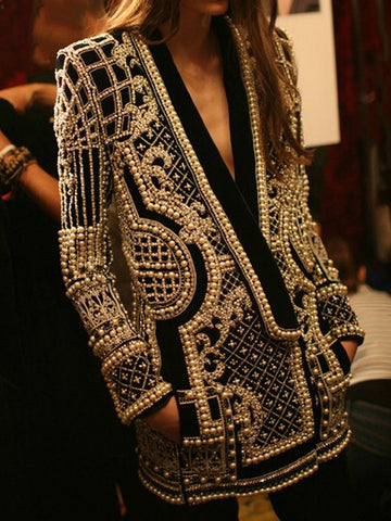 Original Creation Loose Long Sleeves Beads Printed V-Neck Blazer Outerwear