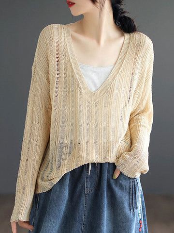 Hollow Solid Color Long Sleeves Loose V-Neck Pullovers