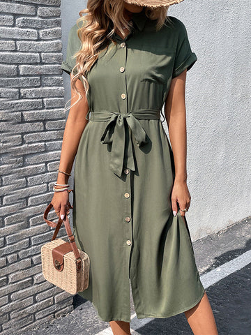 Ribbed Solid Color Loose Short Sleeves Lapel Midi Dresses