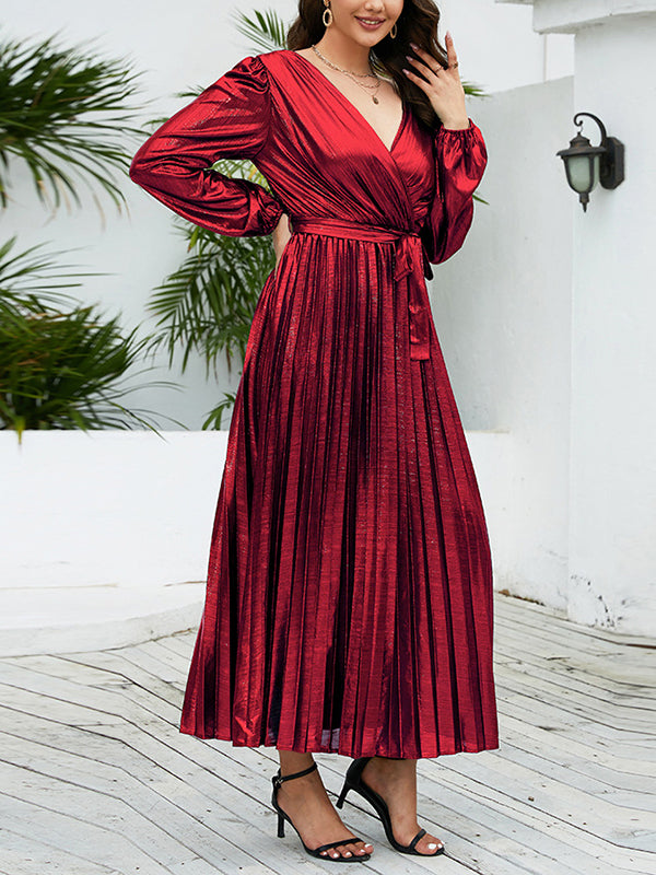 Bronzing Elasticity Pleated Solid Color Tied Waist High Waisted Long Sleeves Deep V-Neck Maxi Dresses