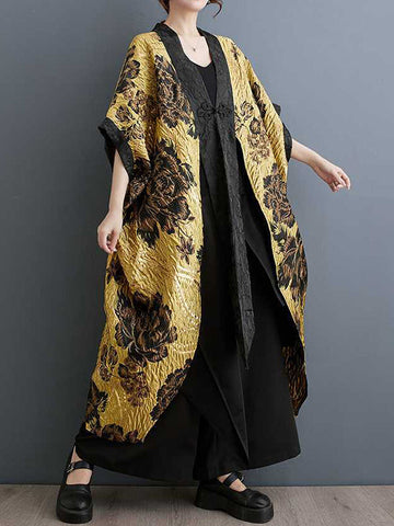 Flower-Embellished Chinese Frog Buttons Pleated Split-Joint Batwing Sleeves Loose V-Neck Outerwear