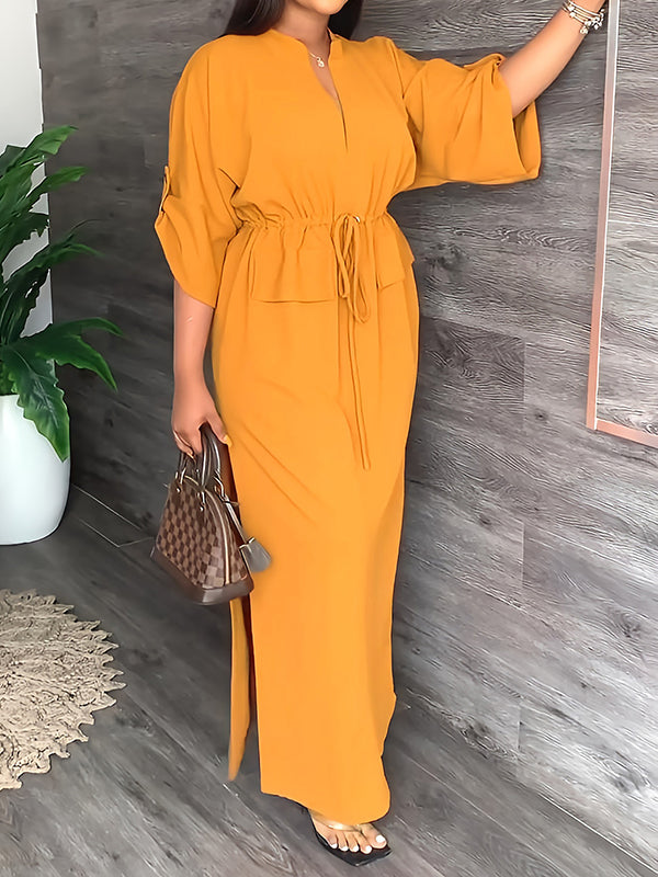 Drawstring Solid Color Split-side Loose V-neck Maxi Dresses