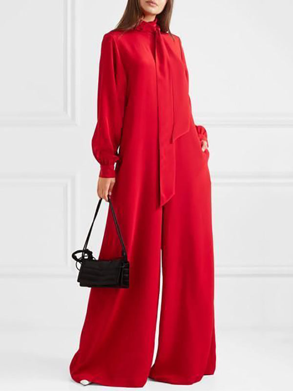 Urban Loose Puff Sleeves Solid Color Stand Collar Jumpsuits