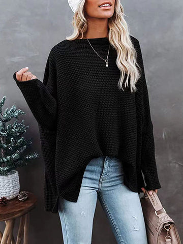 Solid Color Split-side Long Sleeves Loose Boat Neck T-shirts