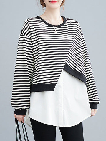 Original Long Sleeves False Two Striped Round-Neck Hoodies&Sweatshirt Tops