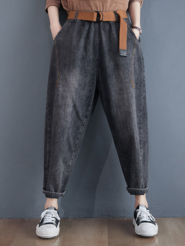 Artistic Retro Loose Velvet Elasticity Belted Jean Pants