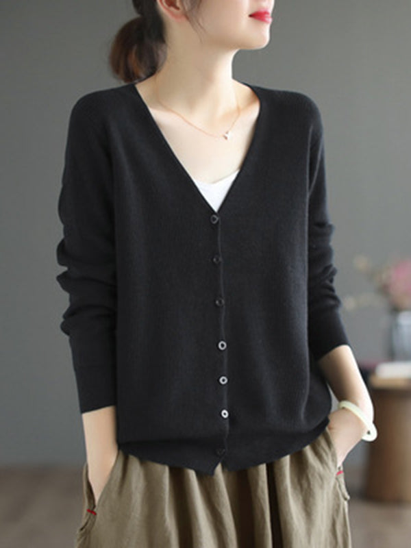 Solid Color Long Sleeves Loose V-Neck Cardigan Tops