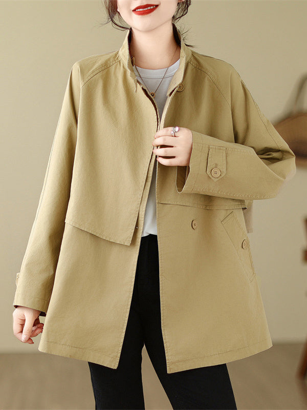 Asymmetric Buttoned Pockets Solid Color Split-Joint Long Sleeves Loose Stand Collar Trench Coats Outerwear