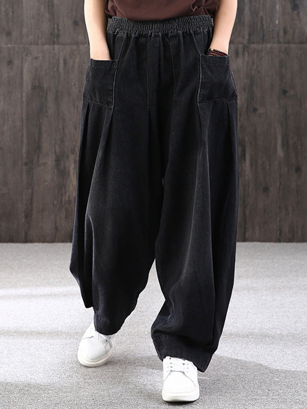 Leisure Solid Denim Puff Pants Bottoms