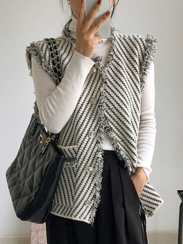 Buttoned Fringed Pockets Striped Loose Sleeveless V-Neck Vest Outerwear