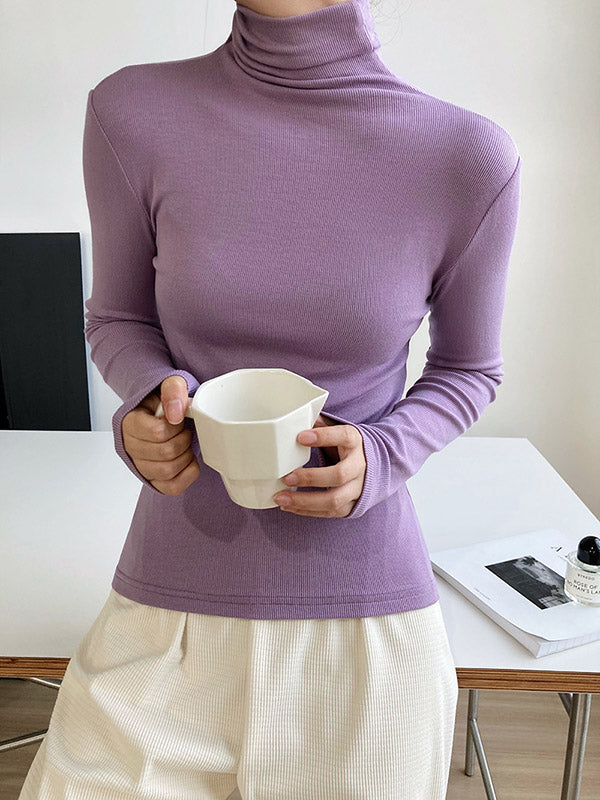 Simple 6 Colors Heaps Collar Long Sleeves Knitting T-Shirt Top