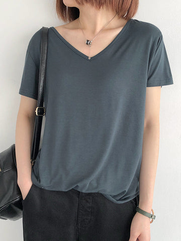 Simple Casual Solid Color V-Neck Short Sleeves T-Shirt Top