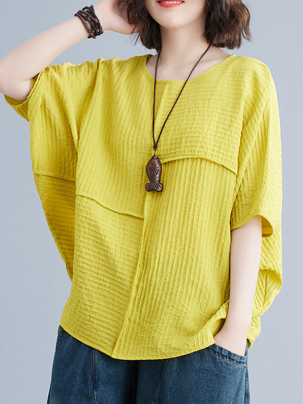 Solid Color Split-Joint Batwing Sleeves Loose Round-neck T-Shirts Tops