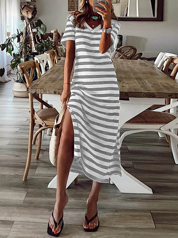 Printed Split-Side Striped A-Line Loose V-Neck Midi Dresses