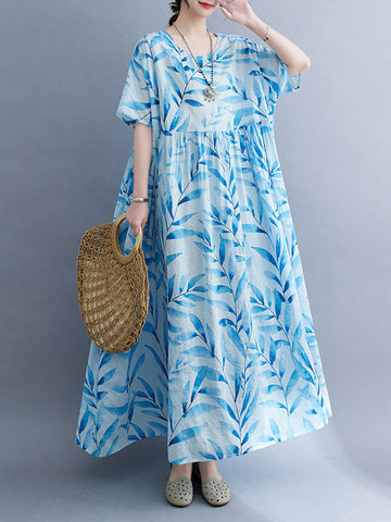 Leaf Pleated Printed Split-Joint Loose Short Sleeves Round-Neck Midi Dresses