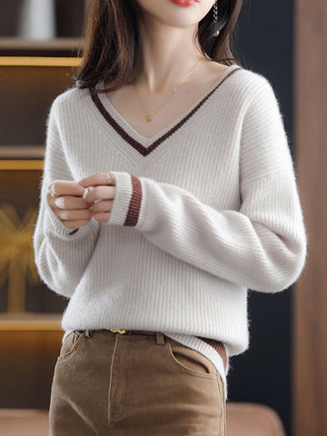 Urban Loose Long Sleeves Contrast Color V-Neck Sweater Tops