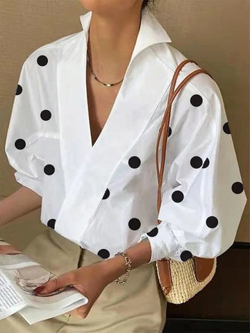 Loose Puff Sleeves Polka-Dot Lapel Collar Blouses&Shirts Tops