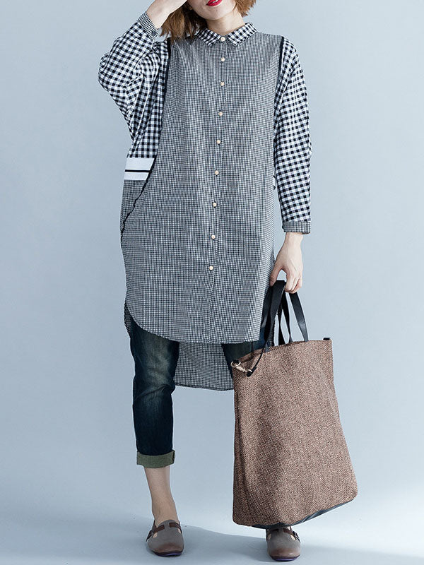 Buttoned Contrast Color Plaid Split-Joint High-Low Roomy Lapel Shirt Dress Midi Dresses