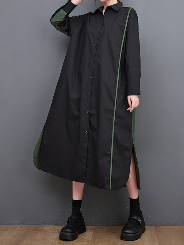 Asymmetric Buttoned Split-Joint Split-Side Long Sleeves Loose Lapel Shirt Dress Midi Dresses