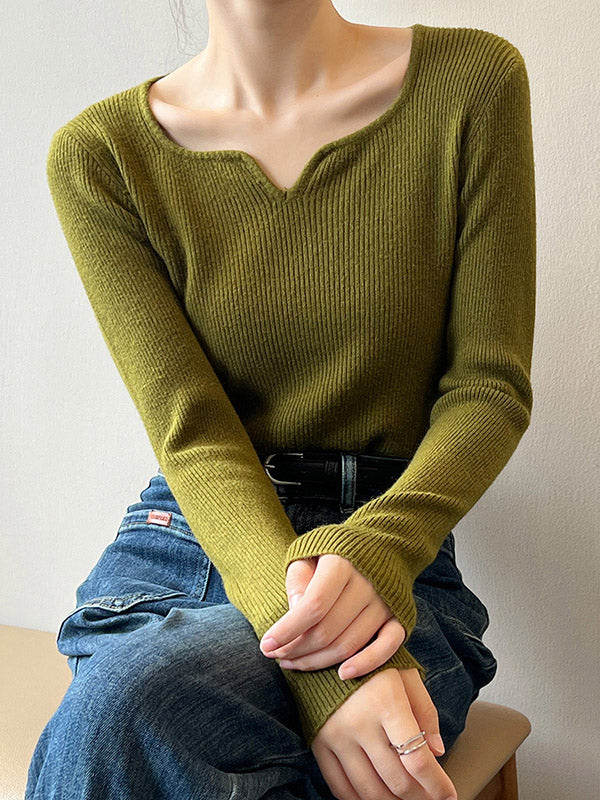 Urban Skinny Long Sleeves Elasticity Solid Color V-Neck Sweater Tops Pullovers