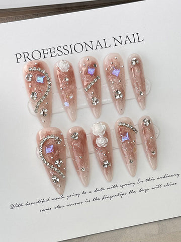 Detachable Geometric Rhine Stones Press-On Nails