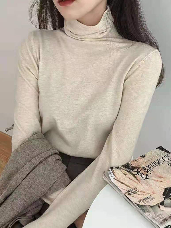 Solid Color Long Sleeves Skinny High-Neck T-Shirts Tops