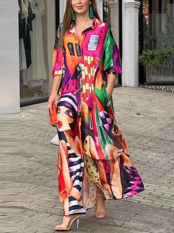 Half Sleeves Loose Figure Printed Lapel Collar Maxi Dresses