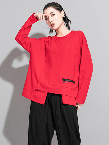 Solid Color Asymmetric Split-Joint Zipper Loose T-Shirt