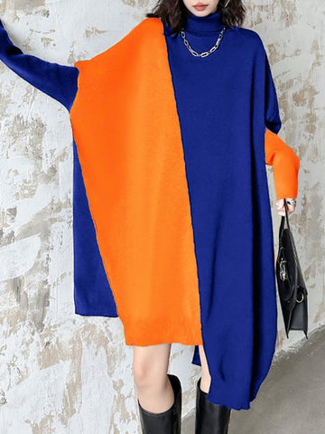 Asymmetric Contrast Color Split-Joint Batwing Sleeves Long Sleeves High Neck Sweater Dresses Midi Dresses