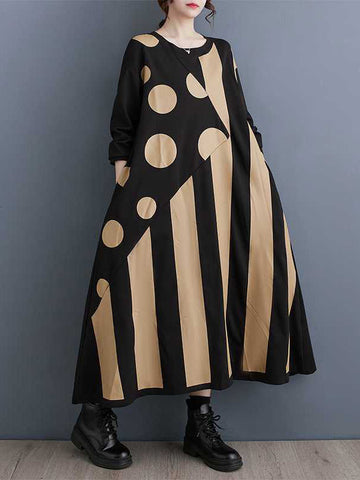 Asymmetric Polka-Dot Split-Joint Striped A-Line Long Sleeves Round-Neck Midi Dresses